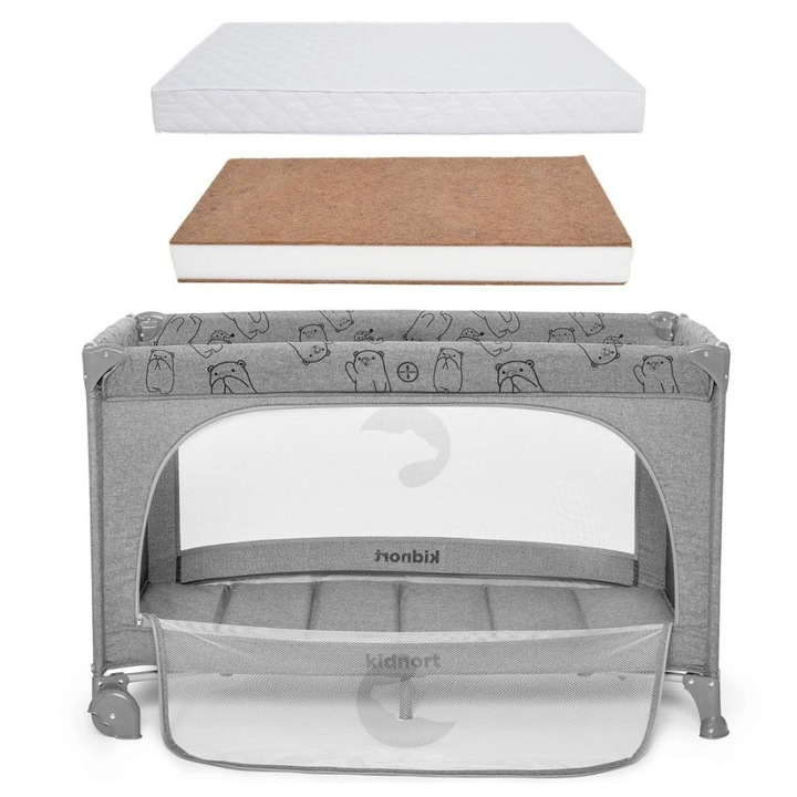 Set Patut de calatorie Kidnort Ihalig Light Gray cu geanta de transport, salteluta pliabila, usa cu fermoar si roti cu posibilitatea de blocare + Saltea cocos Comfort 8 cm