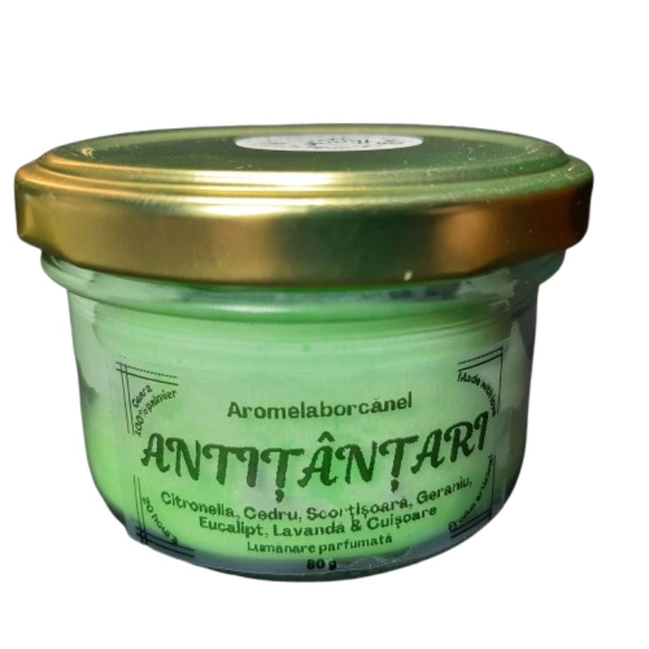 Lumanare parfumata Antitantari – Citronella, Eucalipt, Scortisoara, Cuisoare, Aromelaborcanel, handmade, ceara naturala, 80g