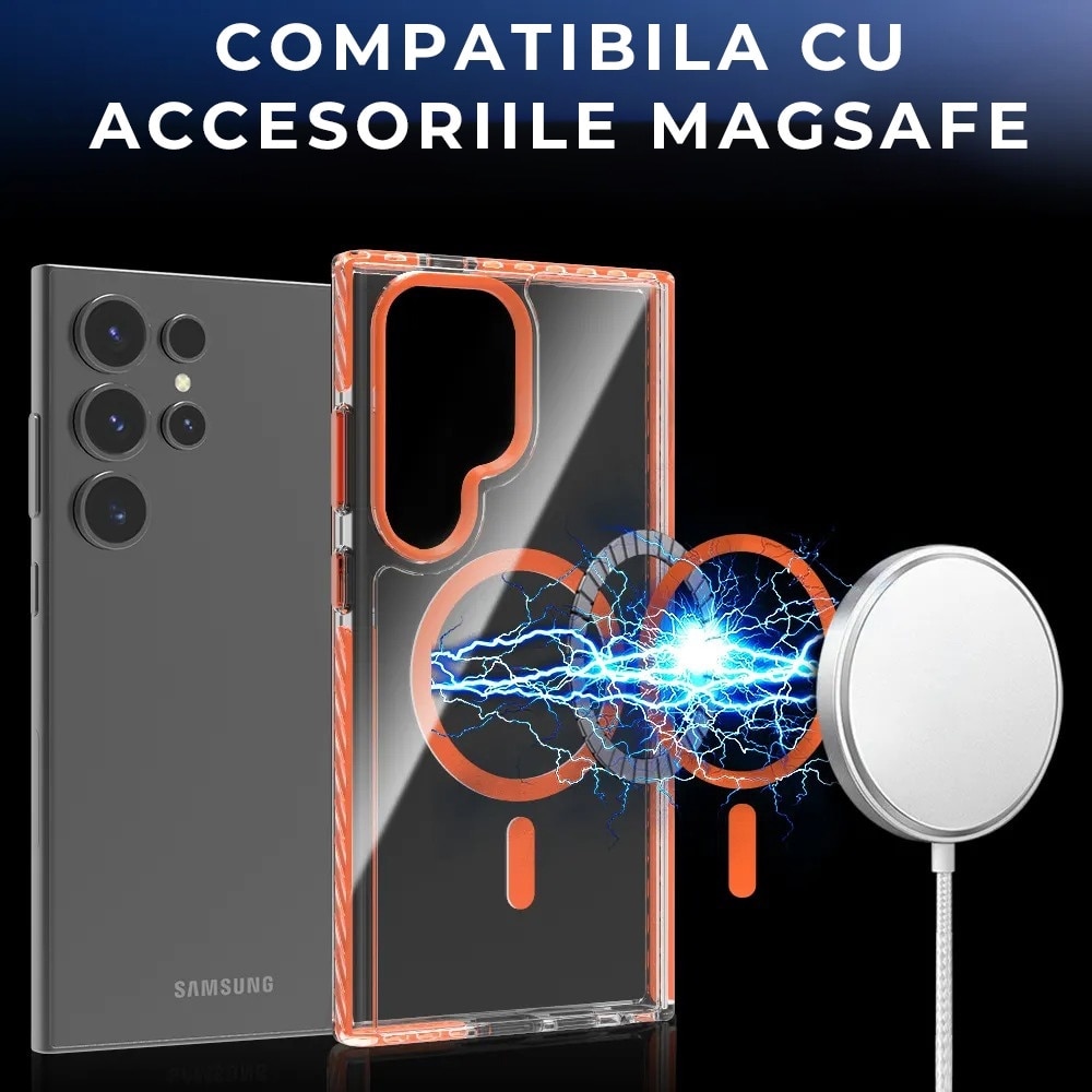 Husa pentru Samsung Galaxy S25 Ultra DaDen®, Snur detasabil, Antisoc, Protectie Superioara, Bumper interior, Magsafe, Transparenta cu Alb
