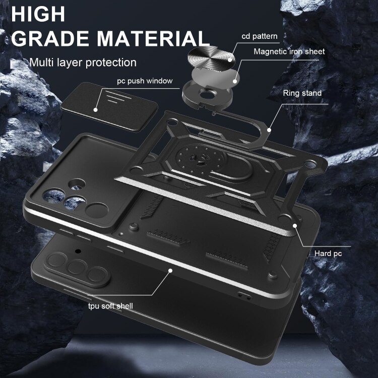 Husa pentru Motorola Moto G05 / Moto E15, Defender Slide, Protectie Camere, Suport Inel, Prindere Magnetica, Negru