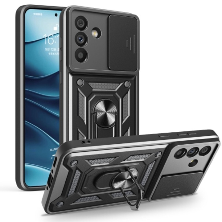 Samsung Galaxy A56 5G kompatibilis hátlap tok, telefon tok, kitámasztható, mágneses, ütésálló, fekete, Defender Slide