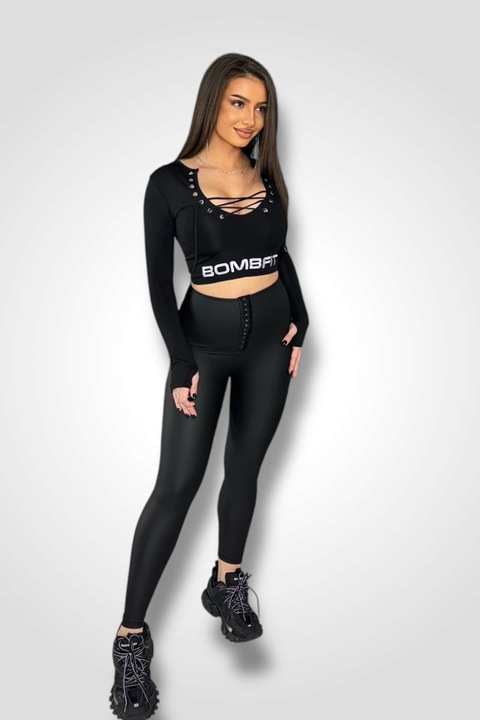 Colanti Lace Up Leather Premium Captusiti, talie inalta, de dama, toate anotimpurile, Negru