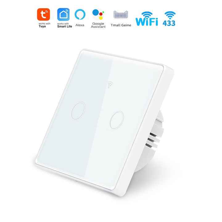 Smart touch switch V2.1, USSPY®, okosotthon, Wifi, 2 csatorna, 10A, edzett üveg, kompatibilis a Tuya, Smart Life, Amaxon Alexa és Google Assistant termékkel, fehér