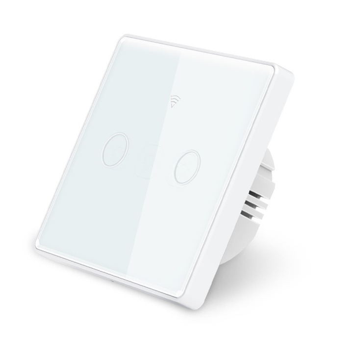 Intrerupator inteligent cu touch V2.1, USSPY®, smart home, Wifi, 2 canale, 10A, sticla securizata, compatibil Tuya, Smart Life, Amaxon Alexa si Google Assistant, alb