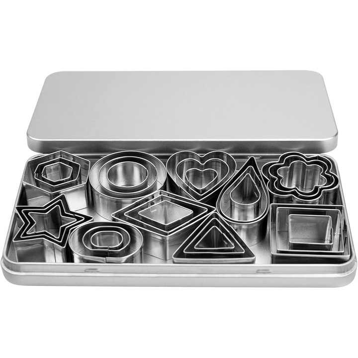 Mini sütivágó készlet, 30 darabos, szív, csillag, virág, kör, négyzet, hatszög, ovális, gyémánt, rozsdamentes acél süteményvágó, polimer agyag vágó, gyümölcsvágó, gyerek sütivágó