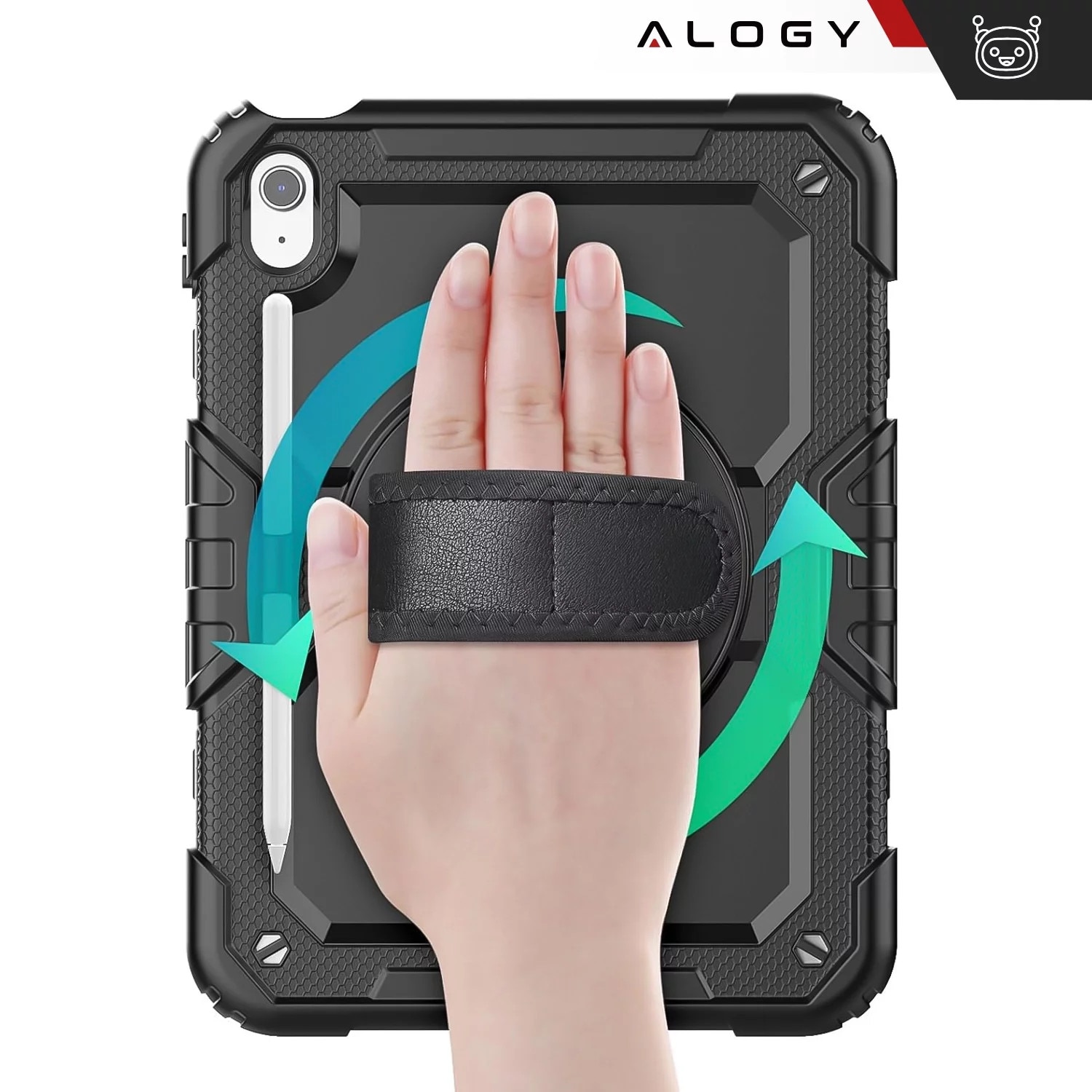 Etui protectie set Alogy Pirate Armor pentru Apple iPad 10.9" (2022), negru, cu suport rotativ 360 si curea ajustabila