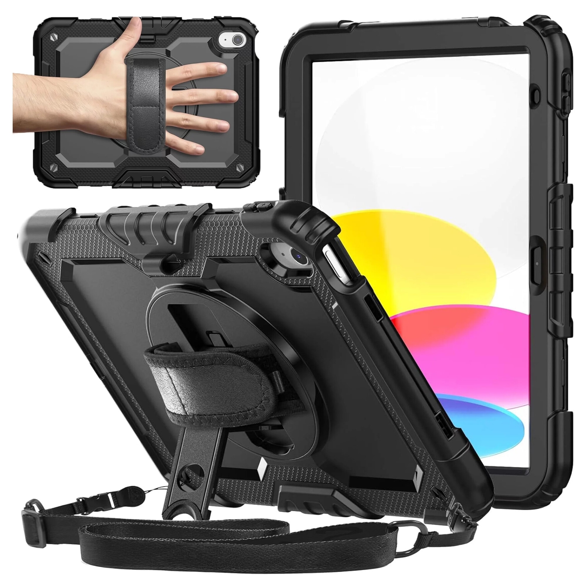 Etui protectie set Alogy Pirate Armor pentru Apple iPad 10.9" (2022), negru, cu suport rotativ 360 si curea ajustabila