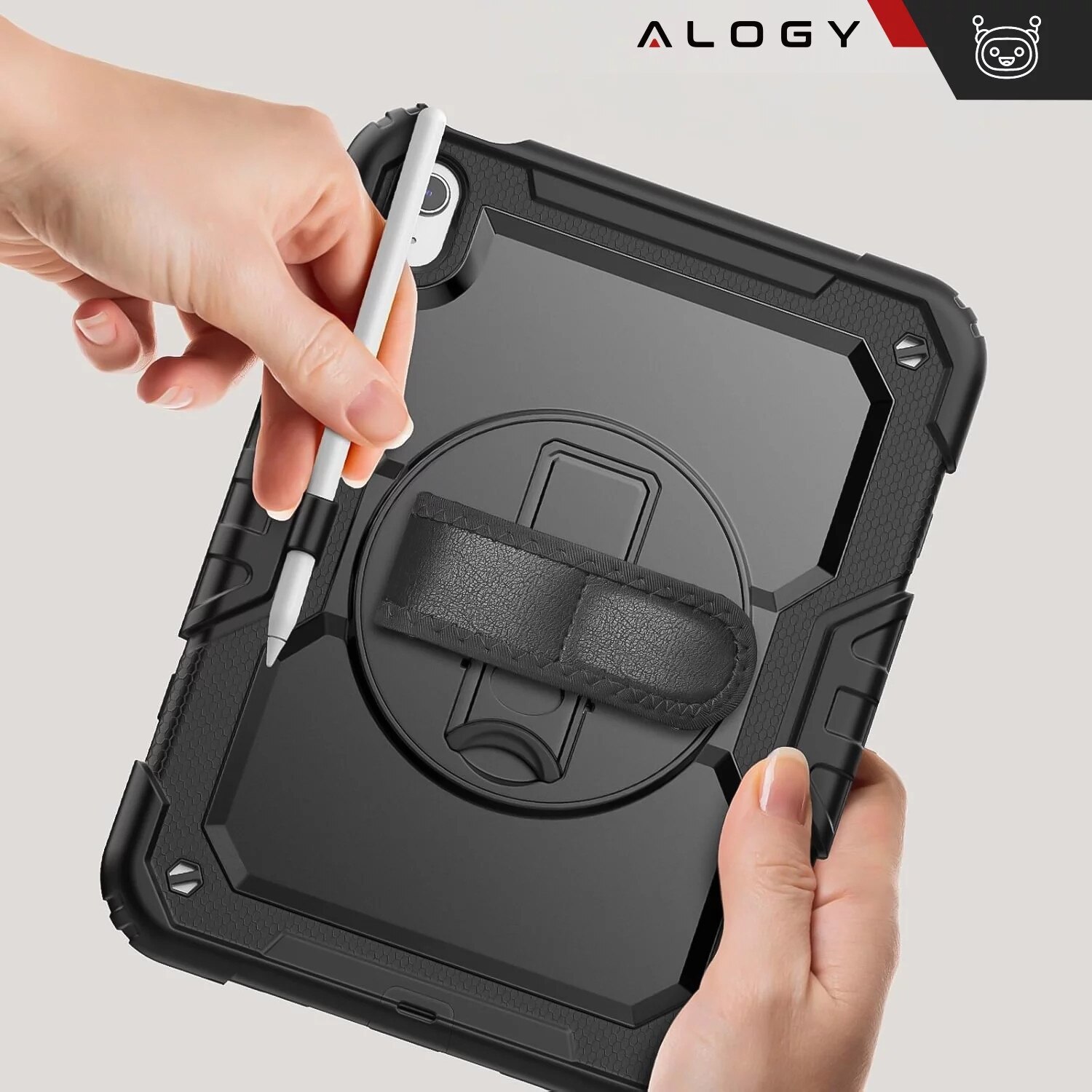 Etui protectie set Alogy Pirate Armor pentru Apple iPad 10.9" (2022), negru, cu suport rotativ 360 si curea ajustabila