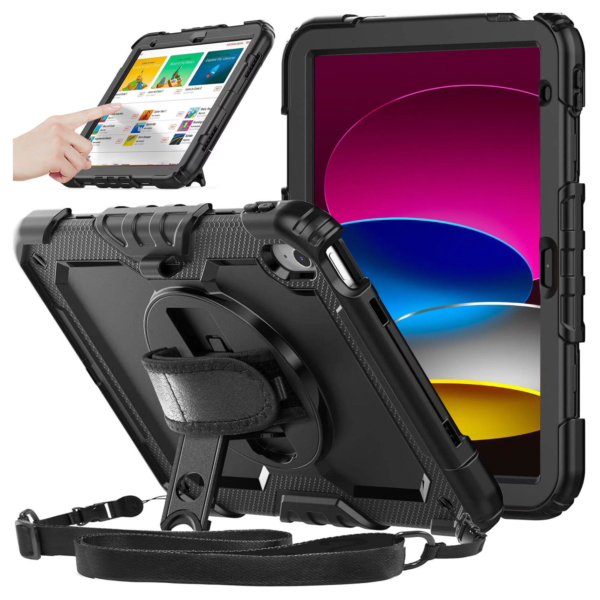 Etui protectie set Alogy Pirate Armor pentru Apple iPad 10.9" (2022), negru, cu suport rotativ 360 si curea ajustabila