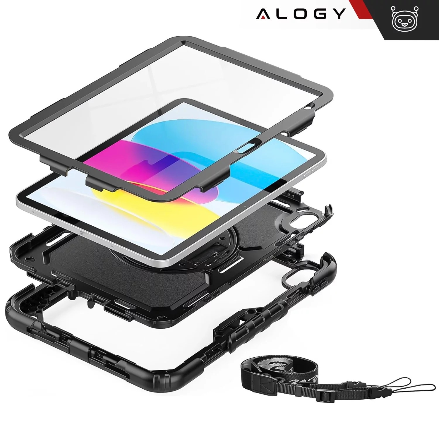 Etui protectie set Alogy Pirate Armor pentru Apple iPad 10.9" (2022), negru, cu suport rotativ 360 si curea ajustabila
