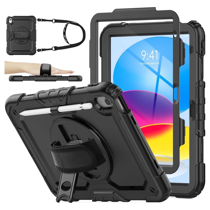 Etui protectie set Alogy Pirate Armor pentru Apple iPad 10.9" (2022), negru, cu suport rotativ 360 si curea ajustabila
