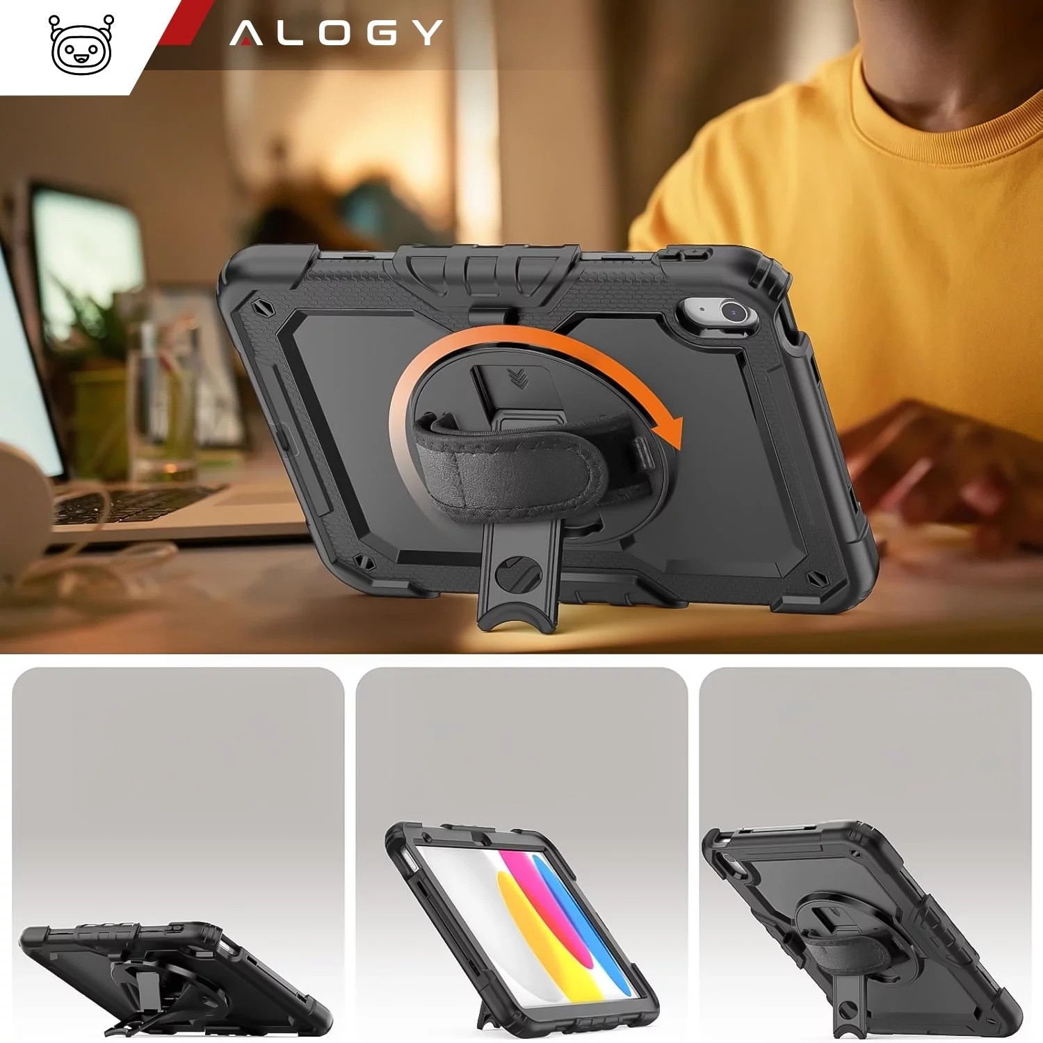 Etui protectie set Alogy Pirate Armor pentru Apple iPad 10.9" (2022), negru, cu suport rotativ 360 si curea ajustabila