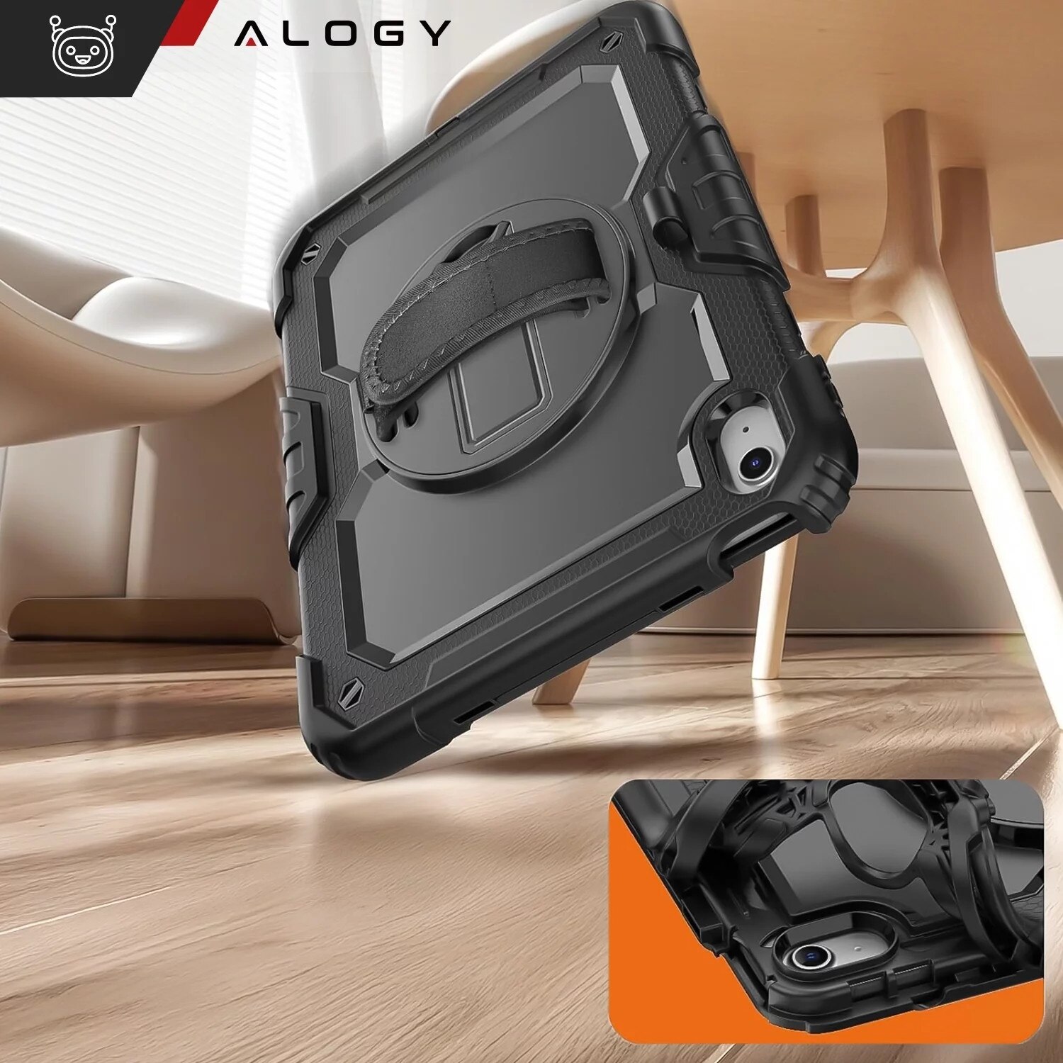 Etui protectie set Alogy Pirate Armor pentru Apple iPad 10.9" (2022), negru, cu suport rotativ 360 si curea ajustabila