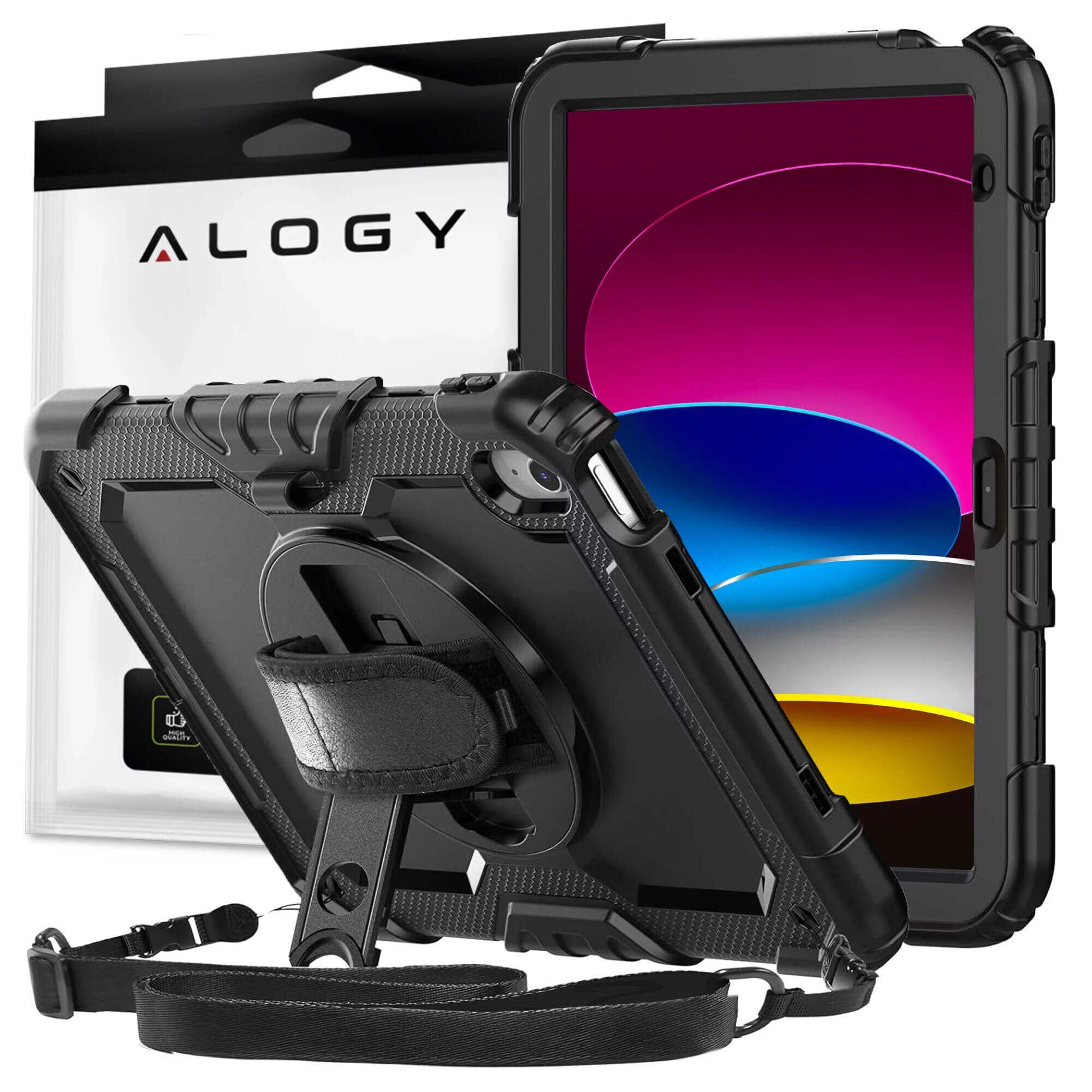 Etui protectie set Alogy Pirate Armor pentru Apple iPad 10.9" (2022), negru, cu suport rotativ 360 si curea ajustabila