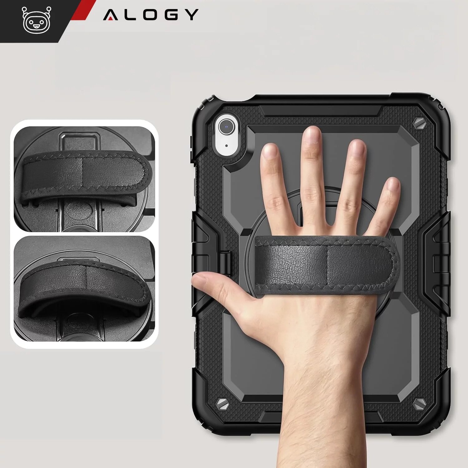 Etui protectie set Alogy Pirate Armor pentru Apple iPad 10.9" (2022), negru, cu suport rotativ 360 si curea ajustabila