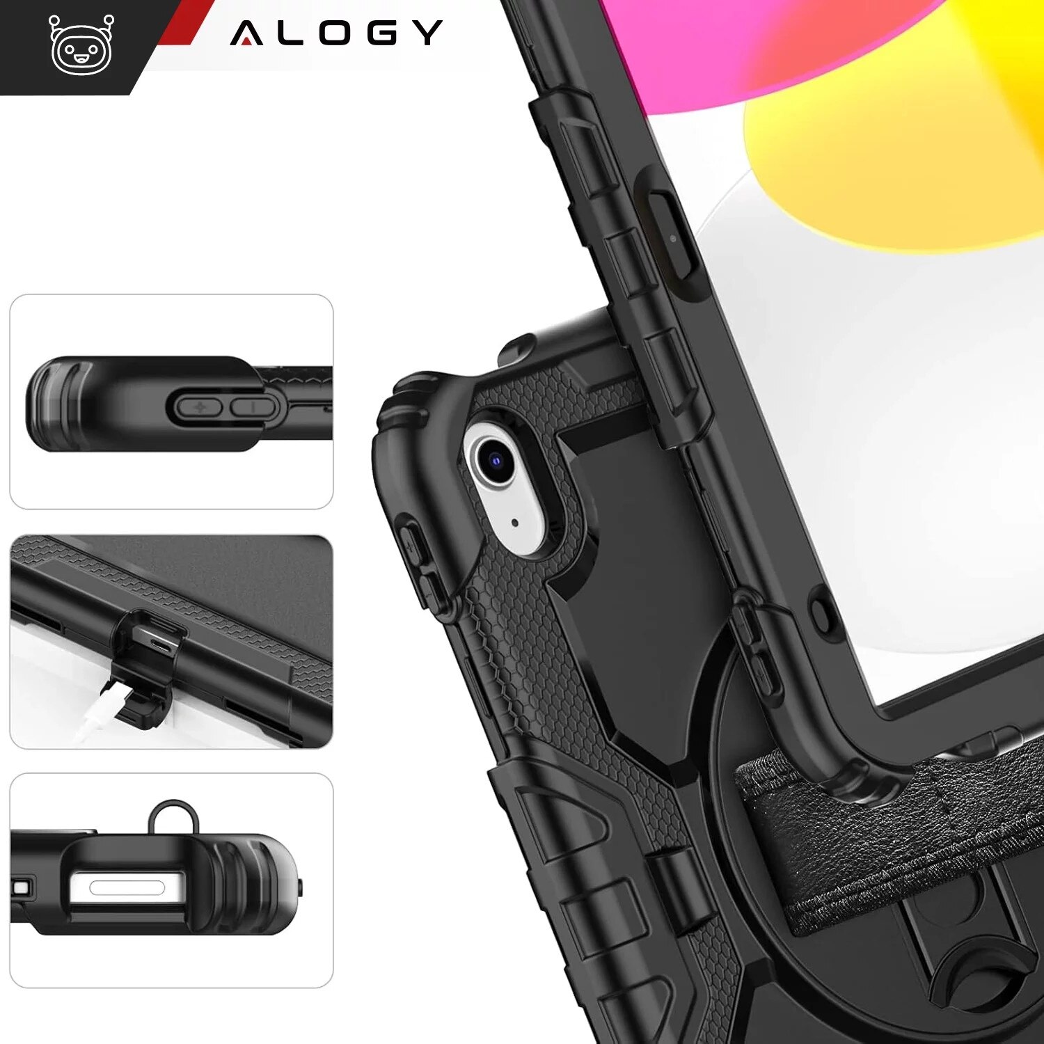 Etui protectie set Alogy Pirate Armor pentru Apple iPad 10.9" (2022), negru, cu suport rotativ 360 si curea ajustabila