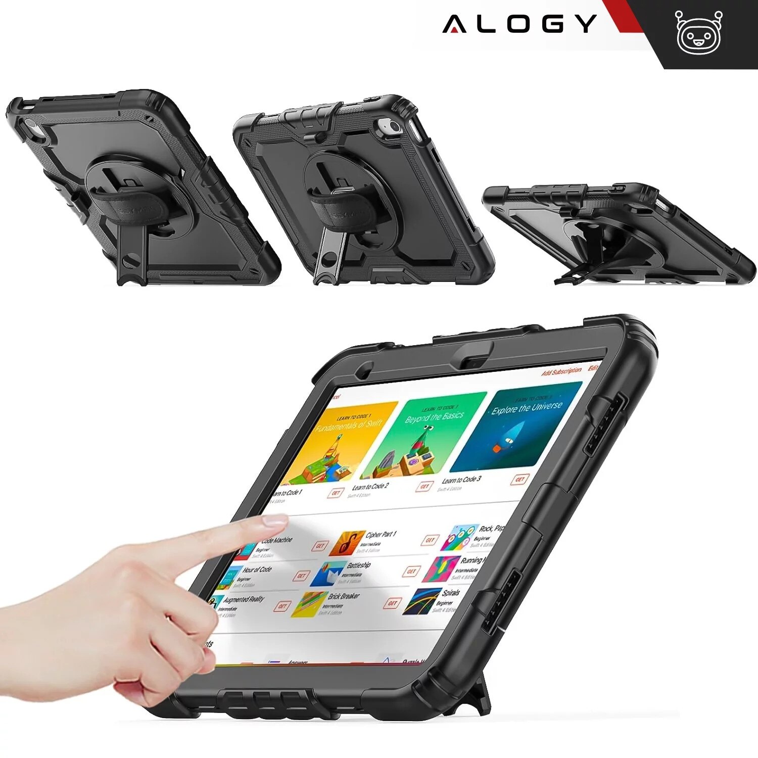 Etui protectie set Alogy Pirate Armor pentru Apple iPad 10.9" (2022), negru, cu suport rotativ 360 si curea ajustabila