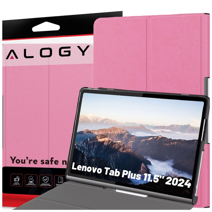 Husa tableta Alogy Book Cover pentru Lenovo Tab Plus 11.5" 2024 TB351FU, roz, material TPU, functie Smartcover