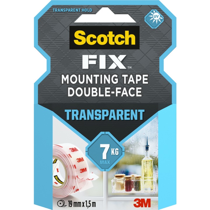 Banda dublu adeziva transparenta pentru montare Scotch, 1.5 m x 19 mm