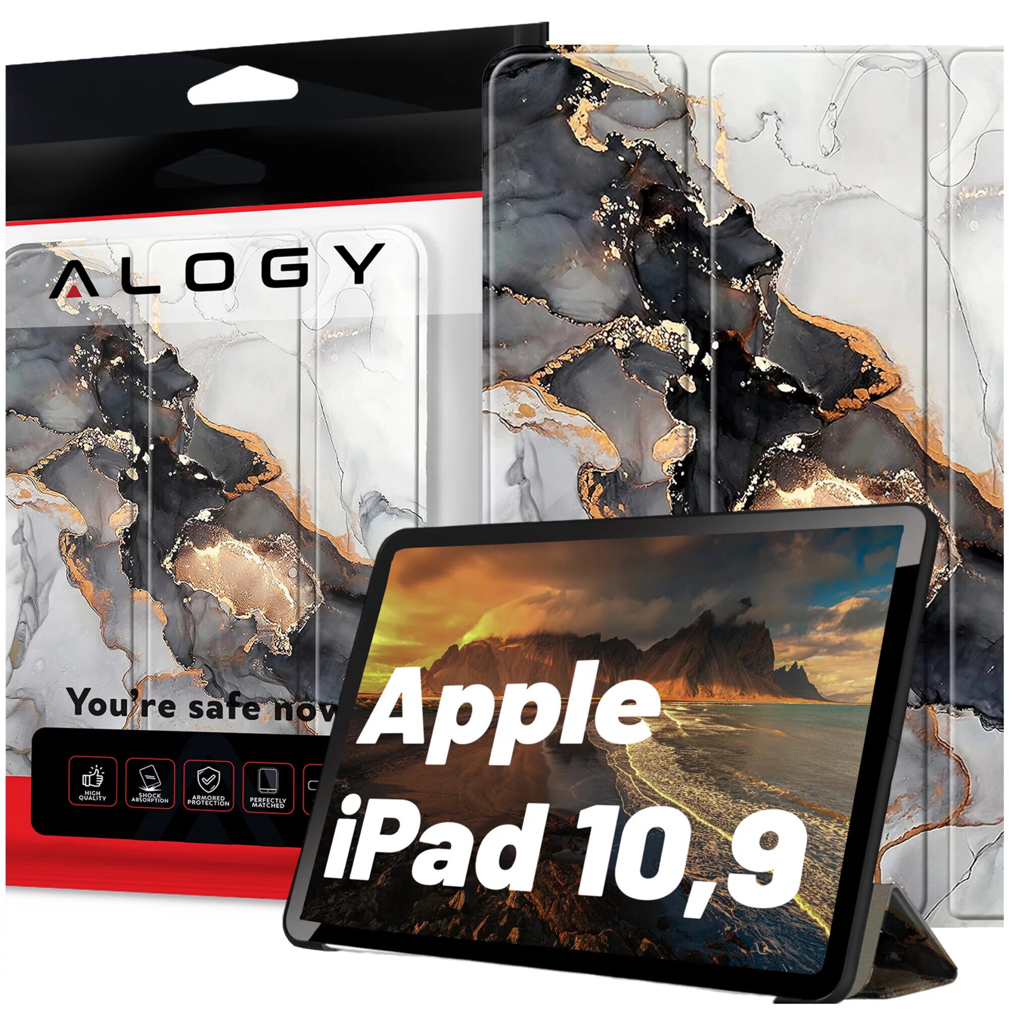 Etui Alogy Book Cover pentru Apple iPad 10.9" (10Gen) 2022, Cloudy Marble, functie Sleep/Wake Up, suport integrat