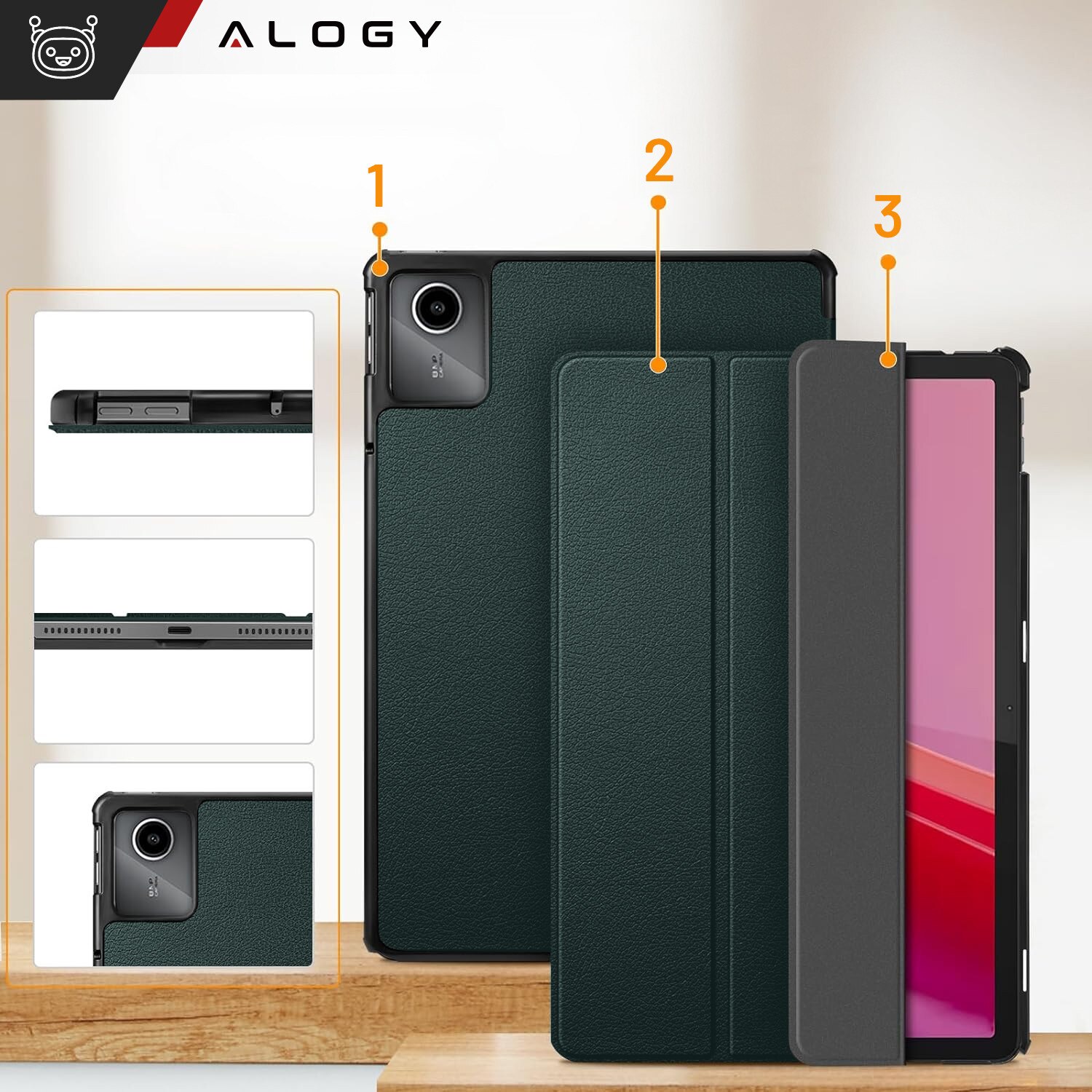 Etui pentru tableta Alogy Book Cover Case, verde, compatibil cu Lenovo Tab K11E/M11 10.95", functie Sleep/Wake Up, suport integrat
