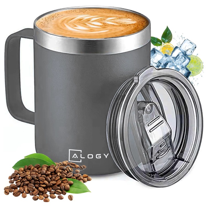 Cana termica Alogy, 420ml, inox, gri, cu capac, mentine temperatura 3h calda si 8h rece, set 1x cana + 1x capac