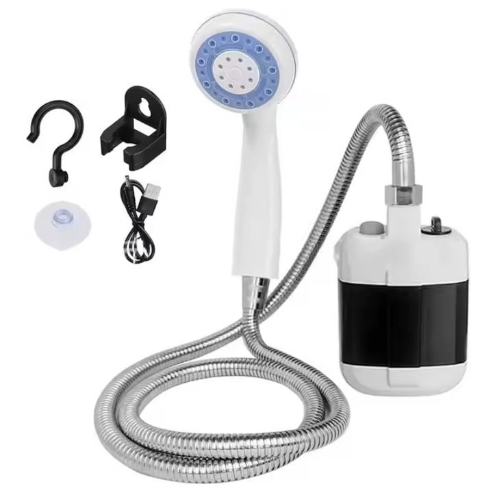Преносим душ за къмпинг, Quantim, електрическа помпа, 1,5 м маркуч, компактен, USB презареждаем, литиева батерия 2200 mAh, аксесоари за монтаж, външна/вътрешна употреба, различни приложения, бял