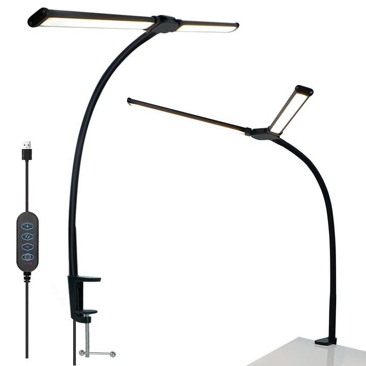 Kétfejű LED asztali lámpa, Alogy, 3 színhőmérséklet, fekete, USB