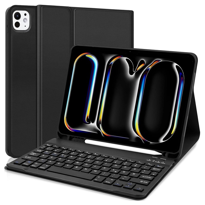 Husa tableta cu tastatura Bluetooth si suport pentru stylus, Alogy, pentru Apple iPad Pro 11" 2024, neagra, 255x205x15mm