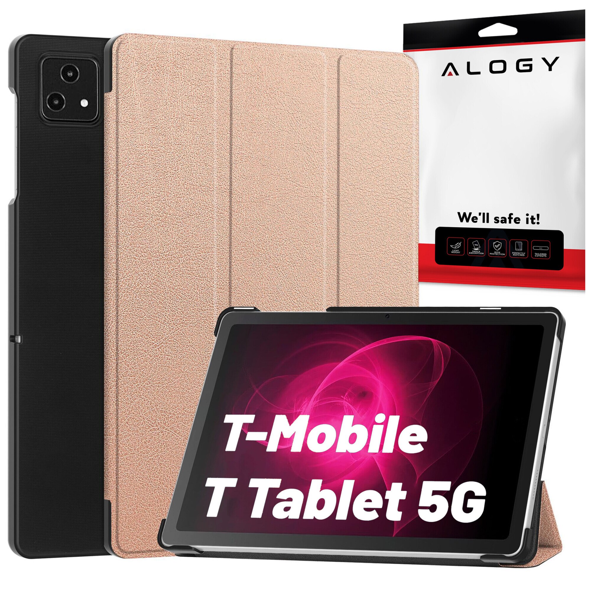 Etui Alogy Book Cover Case pentru T-Mobile T Tablet 5G 10.36", ecologic, cu functie Sleep/Wake Up, roz auriu