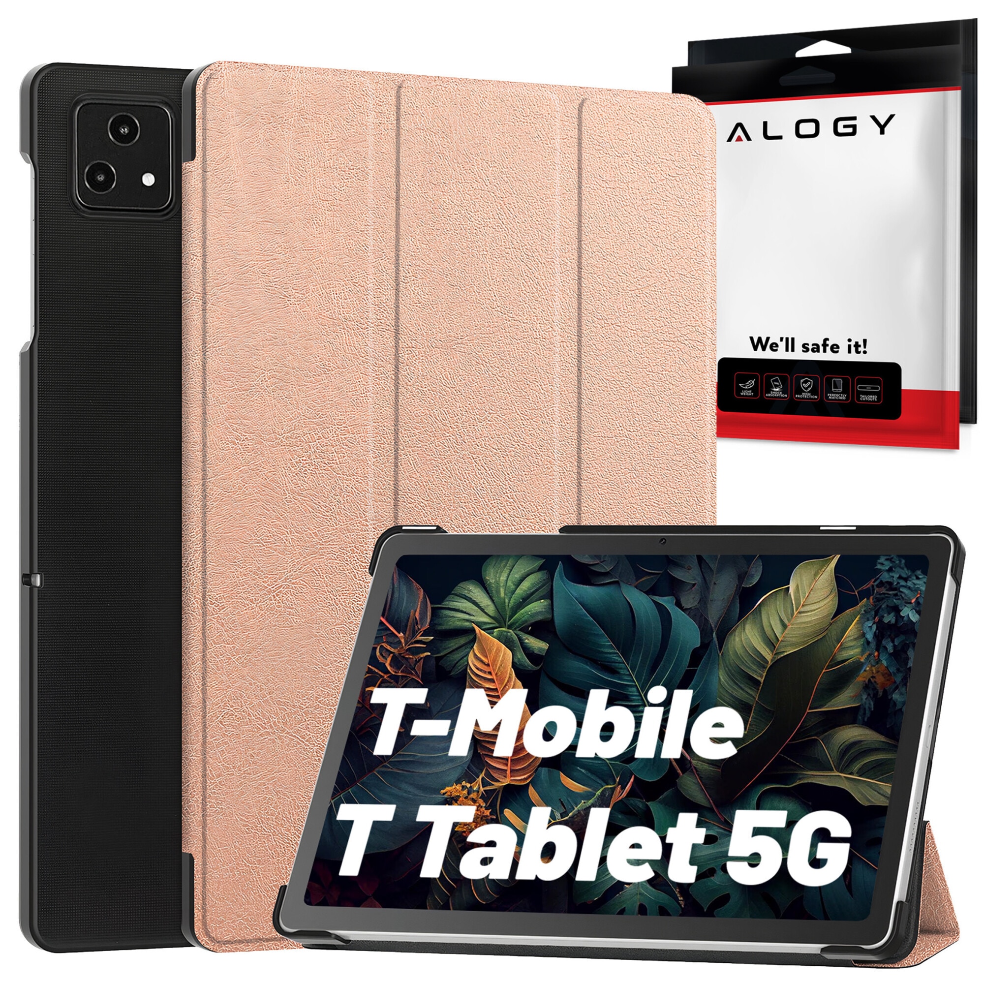 Etui Alogy Book Cover Case pentru T-Mobile T Tablet 5G 10.36", ecologic, cu functie Sleep/Wake Up, roz auriu