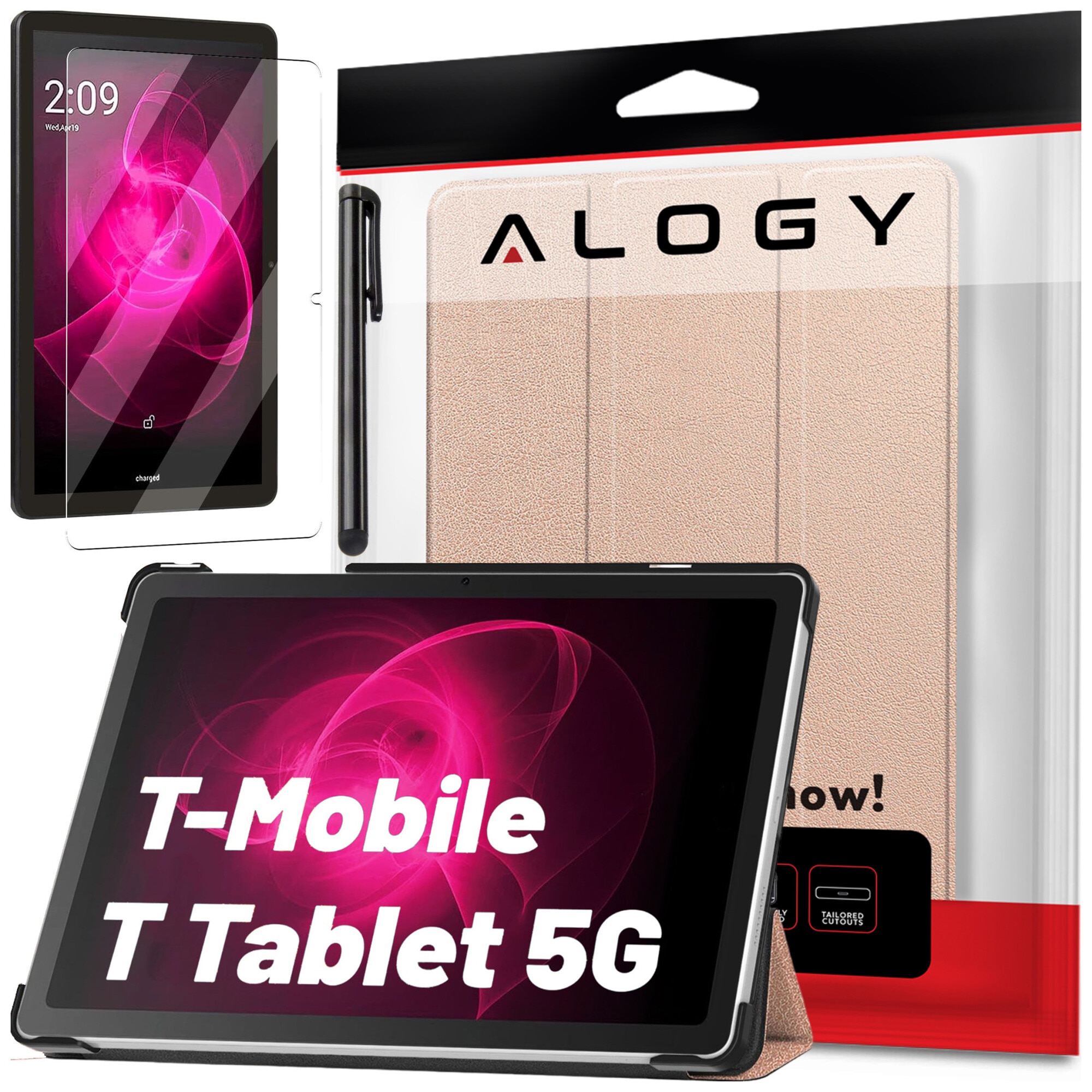 Etui Alogy Book Cover Case pentru T-Mobile T Tablet 5G 10.36", ecologic, cu functie Sleep/Wake Up, roz auriu