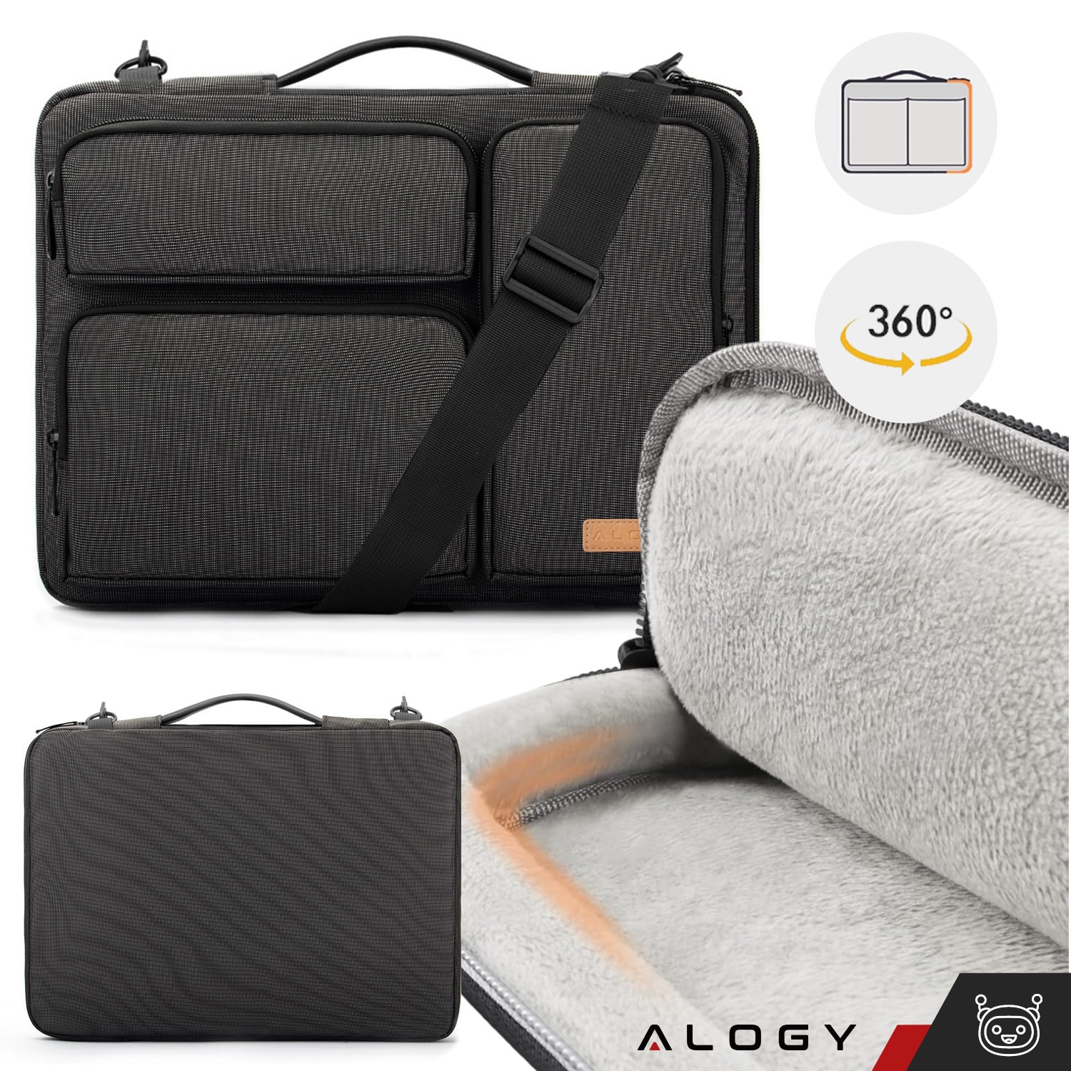 Husa laptop 15.6", Alogy, neagra cu detalii maro, 4 buzunare,42x30x6.5cm, curea reglabila