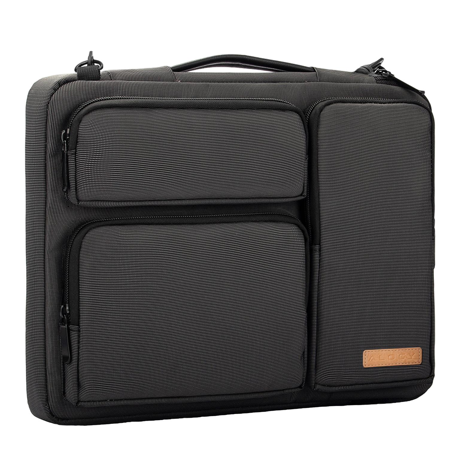 Husa laptop 15.6", Alogy, neagra cu detalii maro, 4 buzunare,42x30x6.5cm, curea reglabila