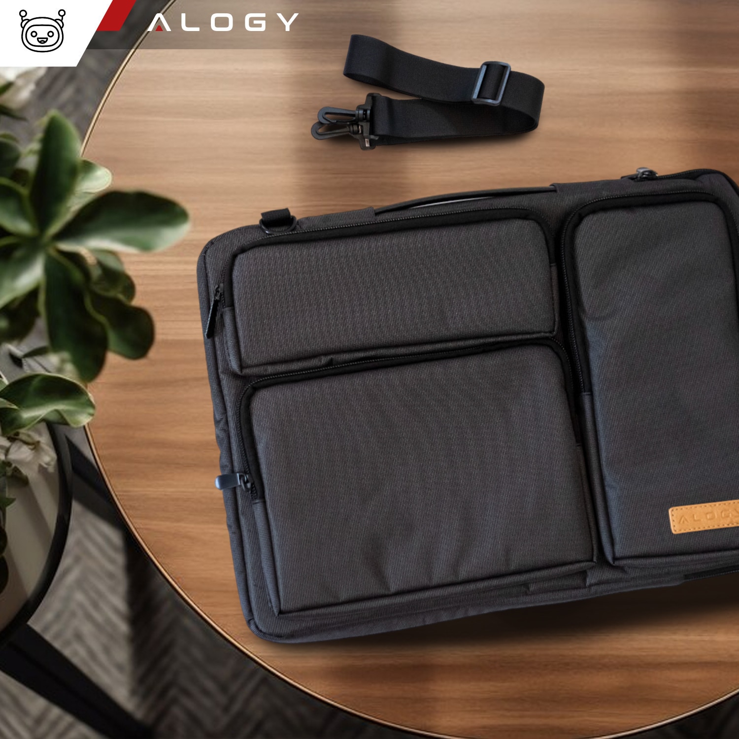 Husa laptop 15.6", Alogy, neagra cu detalii maro, 4 buzunare,42x30x6.5cm, curea reglabila