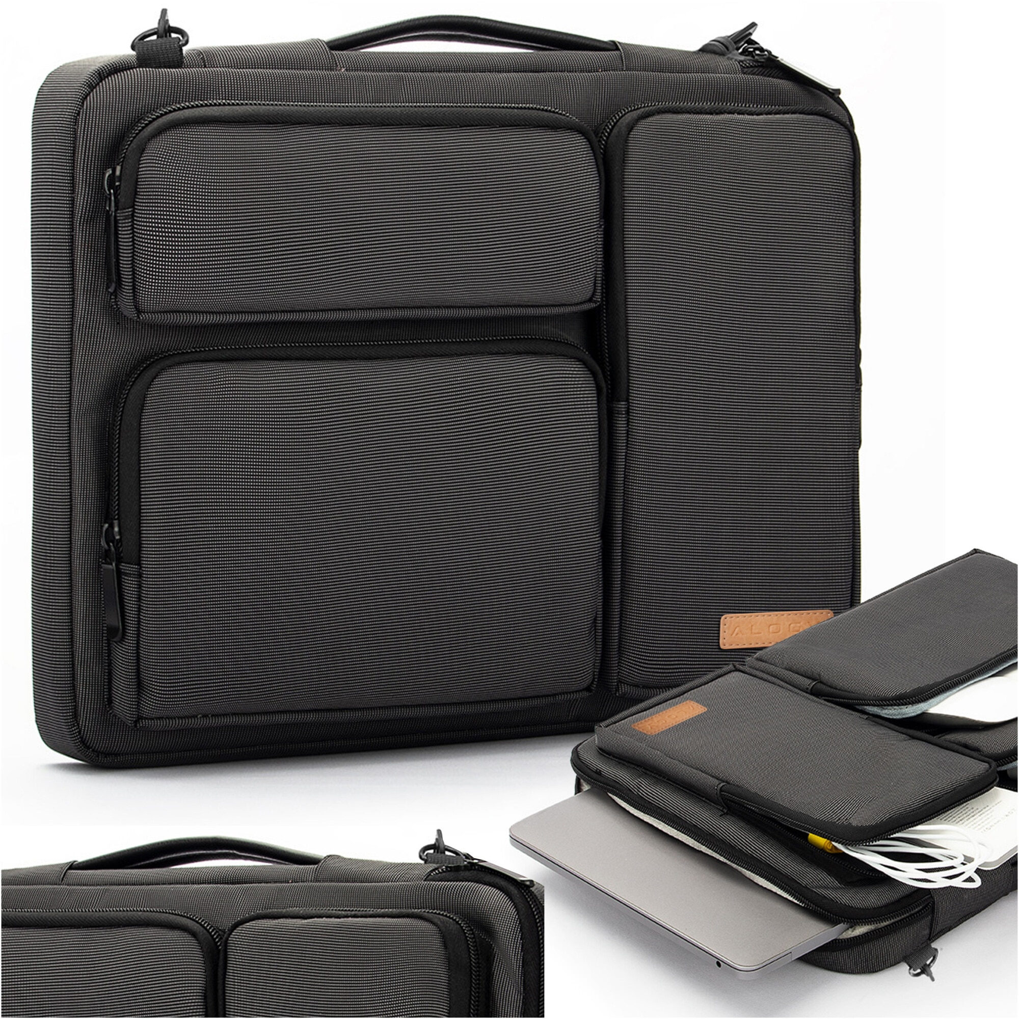 Husa laptop 15.6", Alogy, neagra cu detalii maro, 4 buzunare,42x30x6.5cm, curea reglabila