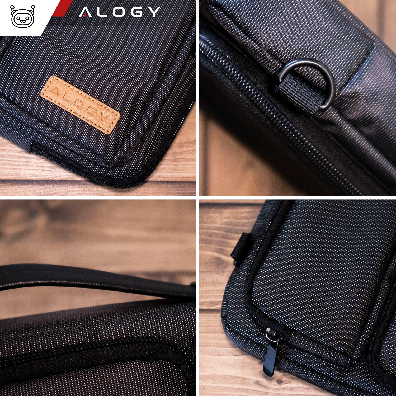 Husa laptop 15.6", Alogy, neagra cu detalii maro, 4 buzunare,42x30x6.5cm, curea reglabila