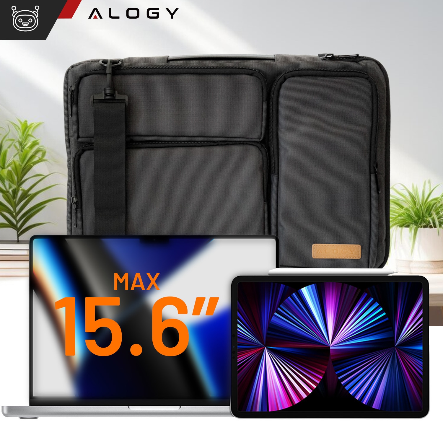 Husa laptop 15.6", Alogy, neagra cu detalii maro, 4 buzunare,42x30x6.5cm, curea reglabila