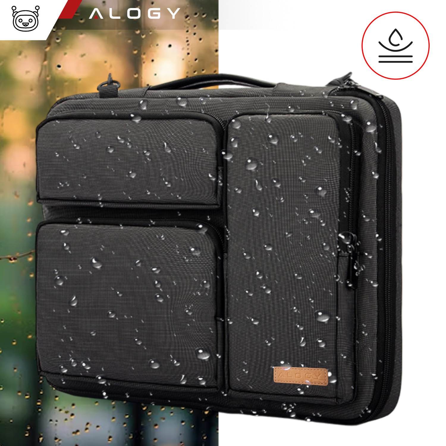 Husa laptop 15.6", Alogy, neagra cu detalii maro, 4 buzunare,42x30x6.5cm, curea reglabila