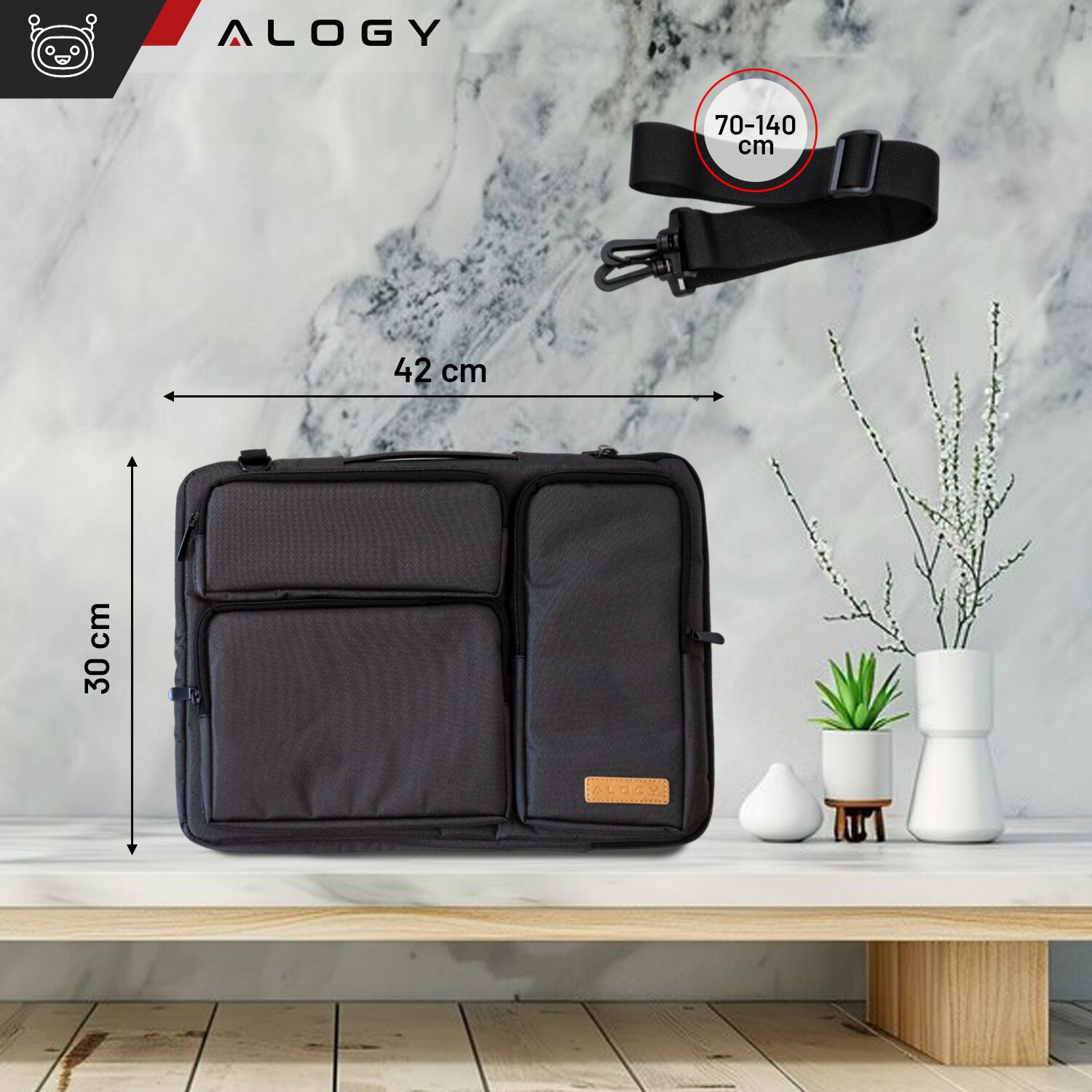 Husa laptop 15.6", Alogy, neagra cu detalii maro, 4 buzunare,42x30x6.5cm, curea reglabila