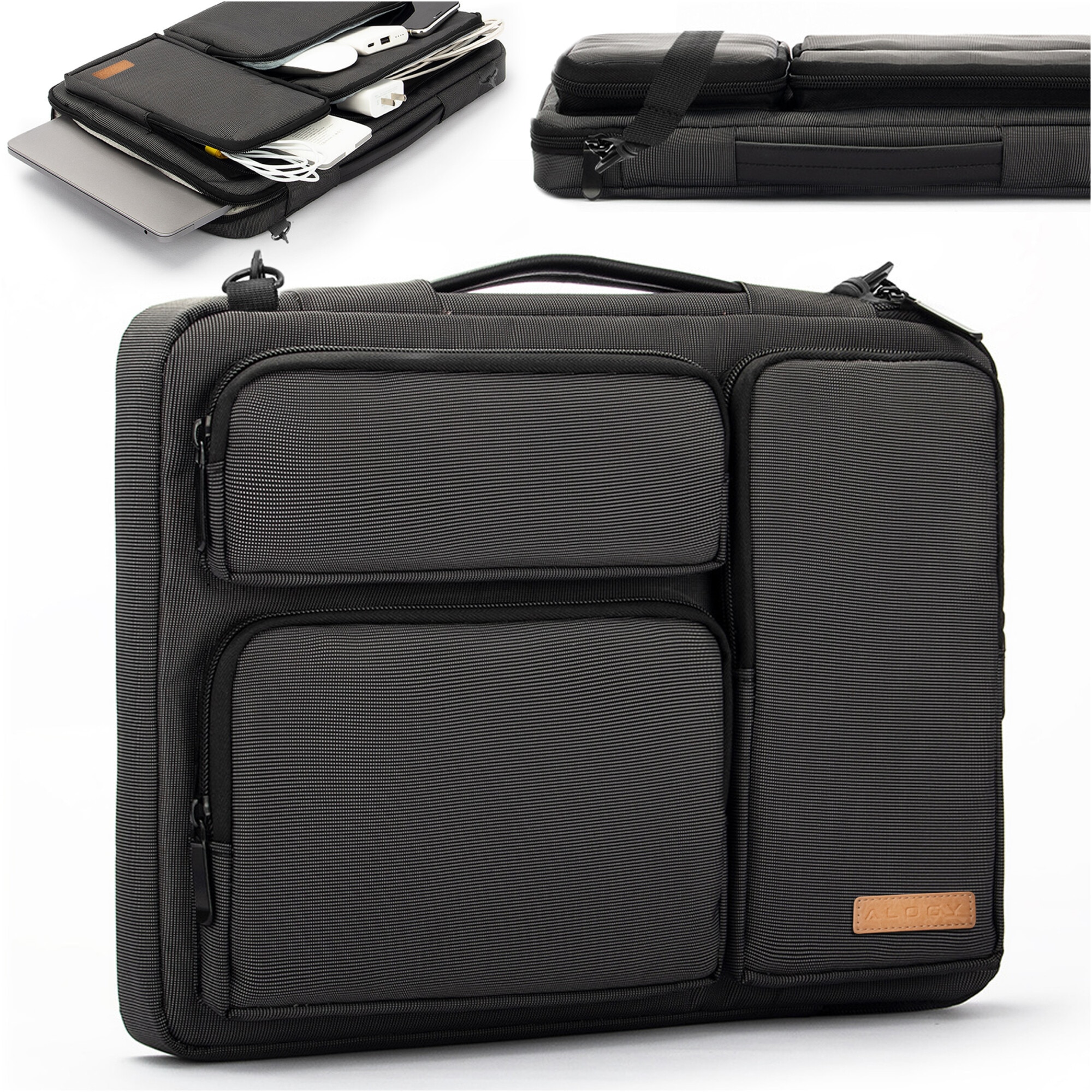 Husa laptop 15.6", Alogy, neagra cu detalii maro, 4 buzunare,42x30x6.5cm, curea reglabila