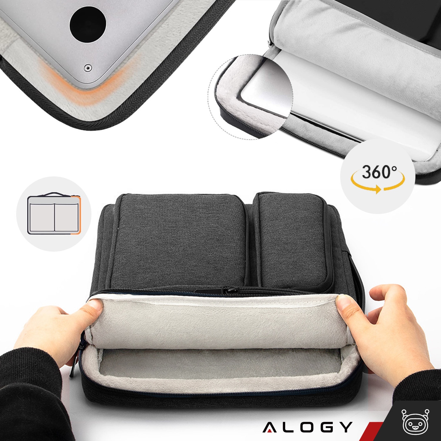 Husa laptop 15.6", Alogy, neagra cu detalii maro, 4 buzunare,42x30x6.5cm, curea reglabila