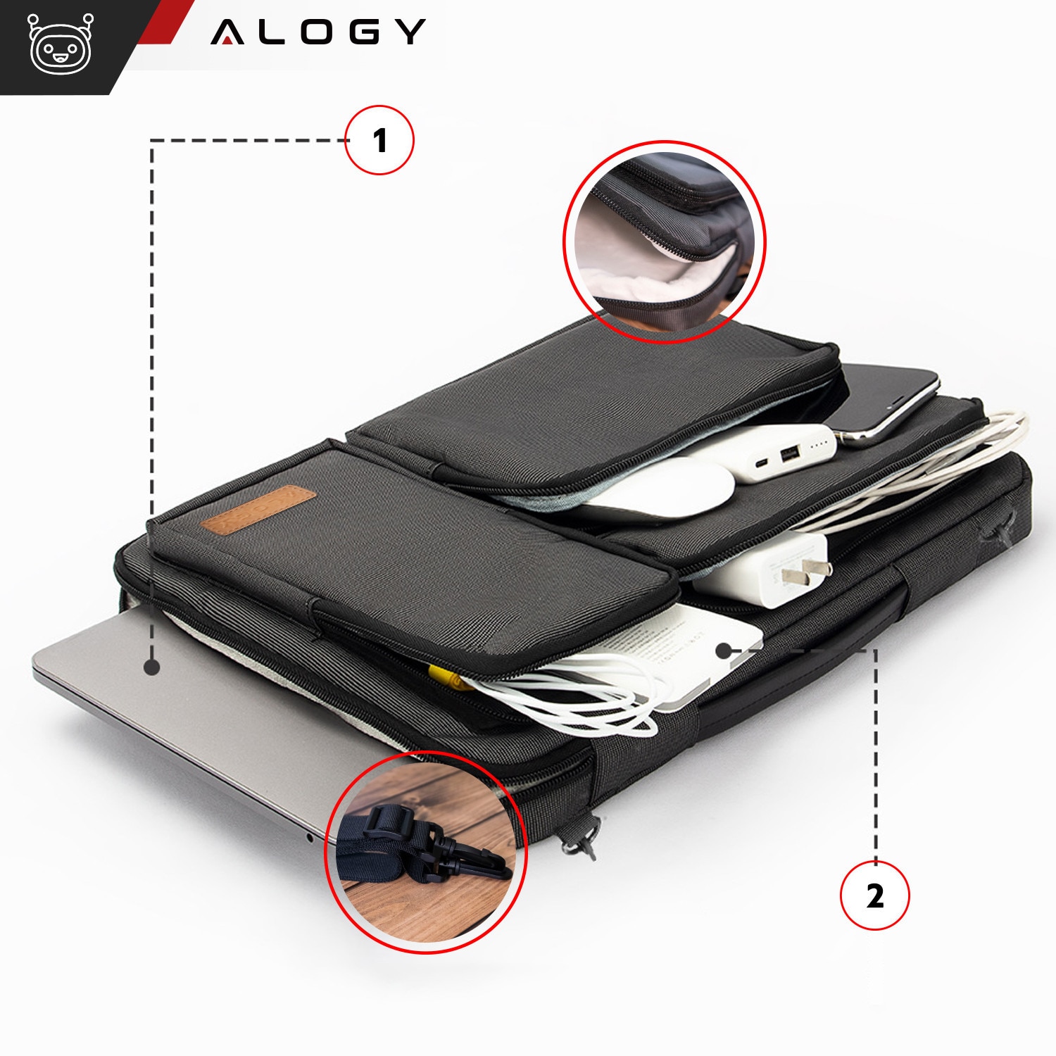 Husa laptop 15.6", Alogy, neagra cu detalii maro, 4 buzunare,42x30x6.5cm, curea reglabila