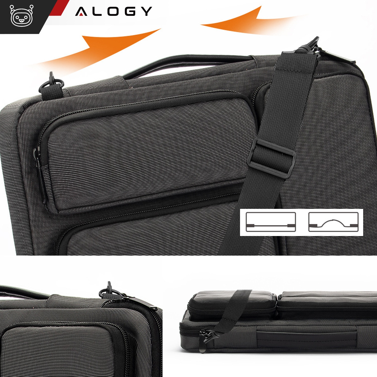 Husa laptop 15.6", Alogy, neagra cu detalii maro, 4 buzunare,42x30x6.5cm, curea reglabila