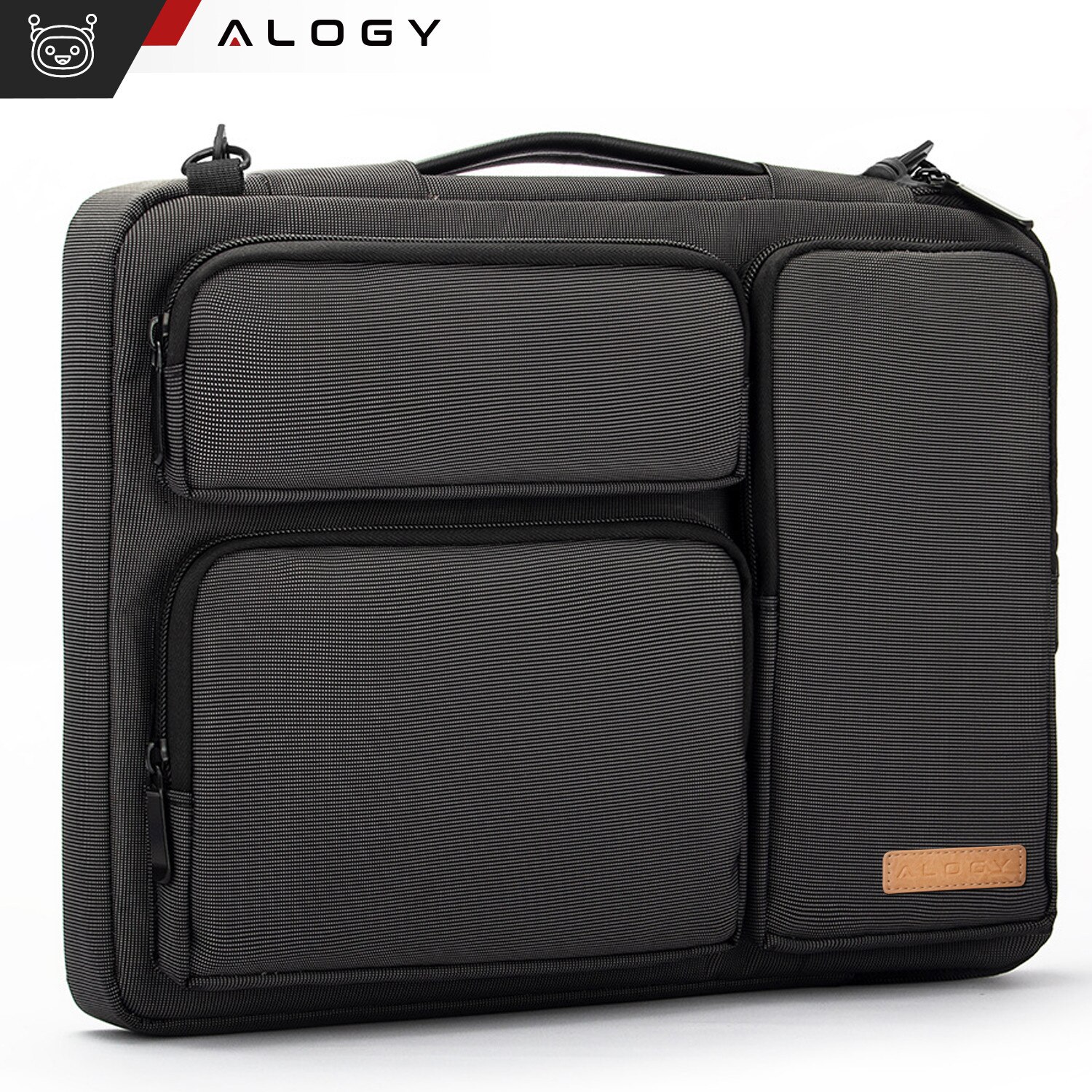 Husa laptop 15.6", Alogy, neagra cu detalii maro, 4 buzunare,42x30x6.5cm, curea reglabila