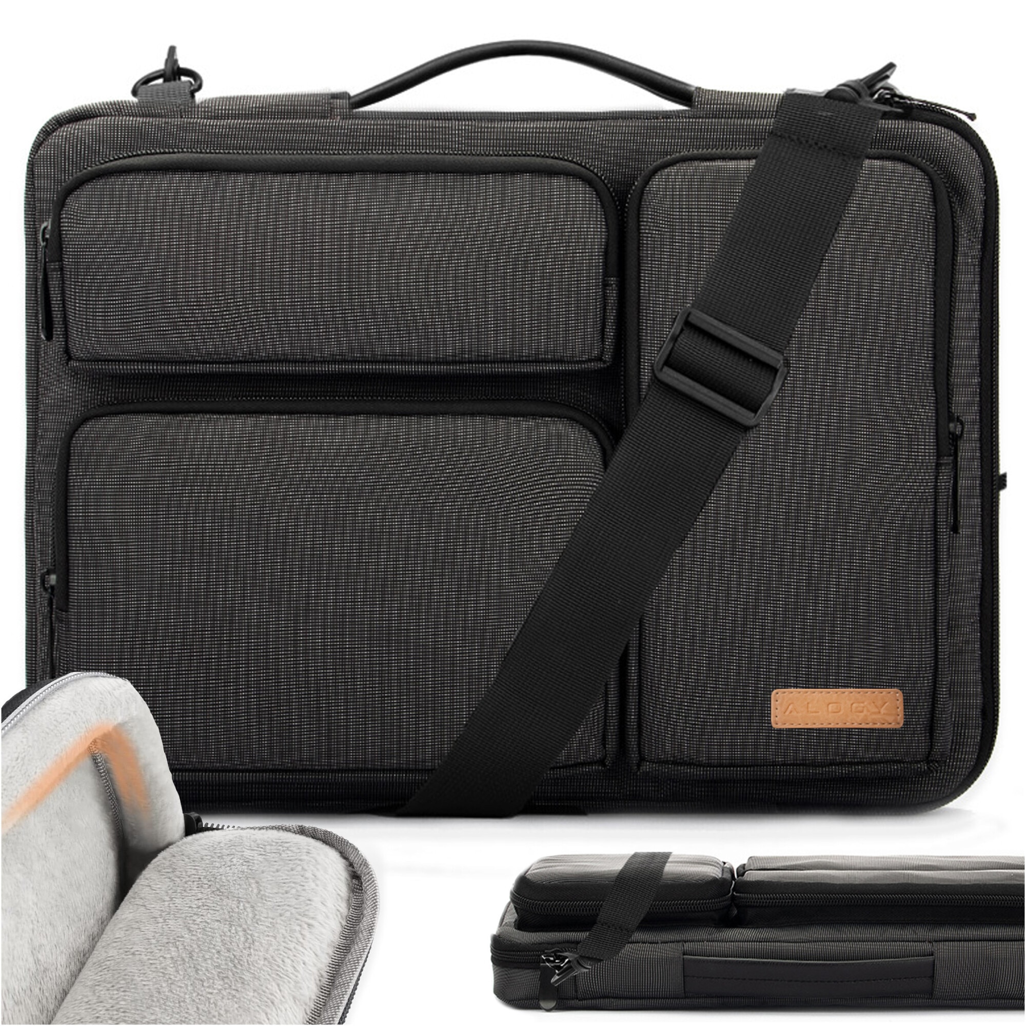 Husa laptop 15.6", Alogy, neagra cu detalii maro, 4 buzunare,42x30x6.5cm, curea reglabila