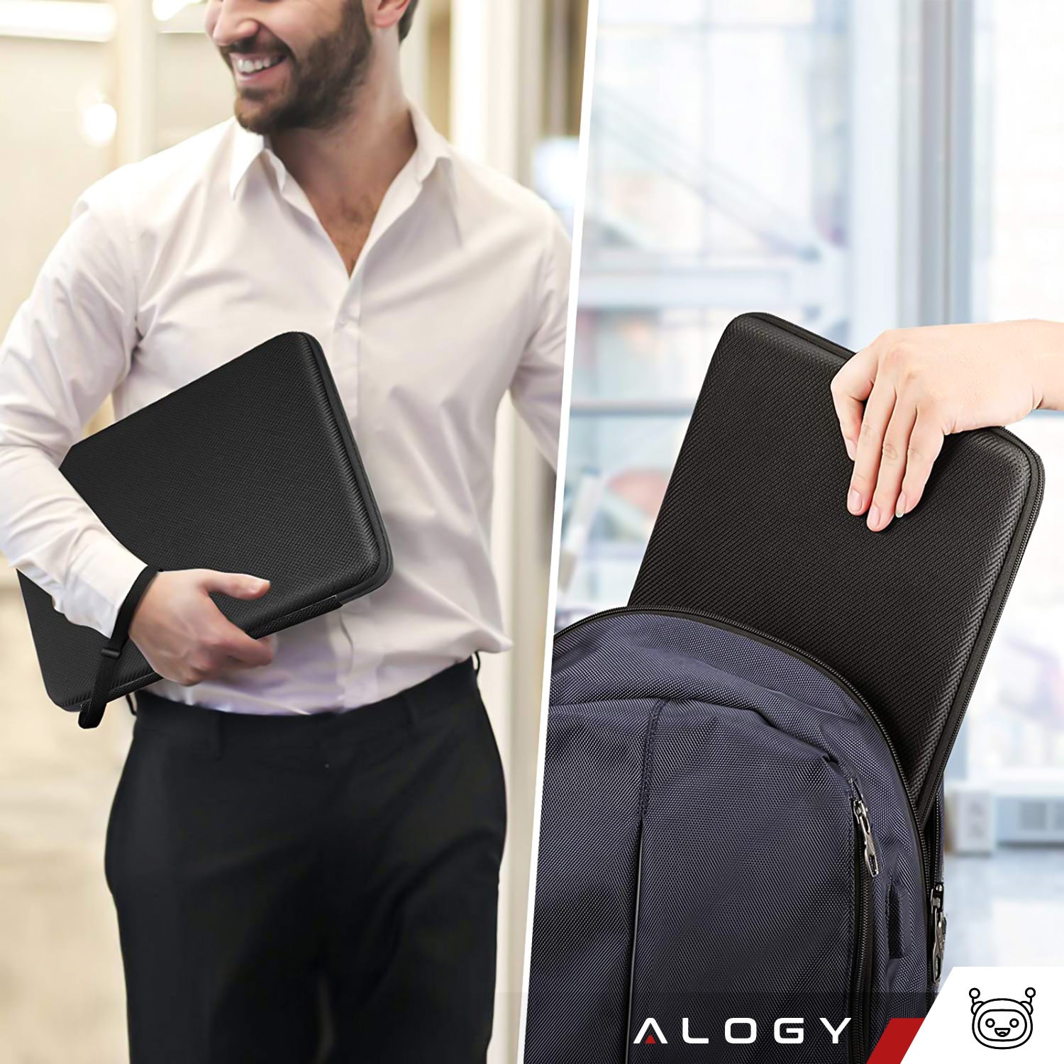 Husa laptop Alogy , 13-14", neagra, material impermeabil, 34,54x24,38x3,56cm, set cu curea de mana