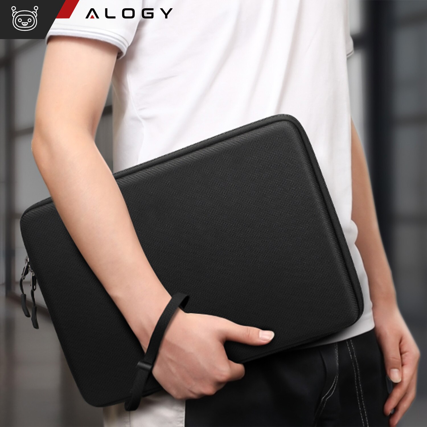 Husa laptop Alogy , 13-14", neagra, material impermeabil, 34,54x24,38x3,56cm, set cu curea de mana