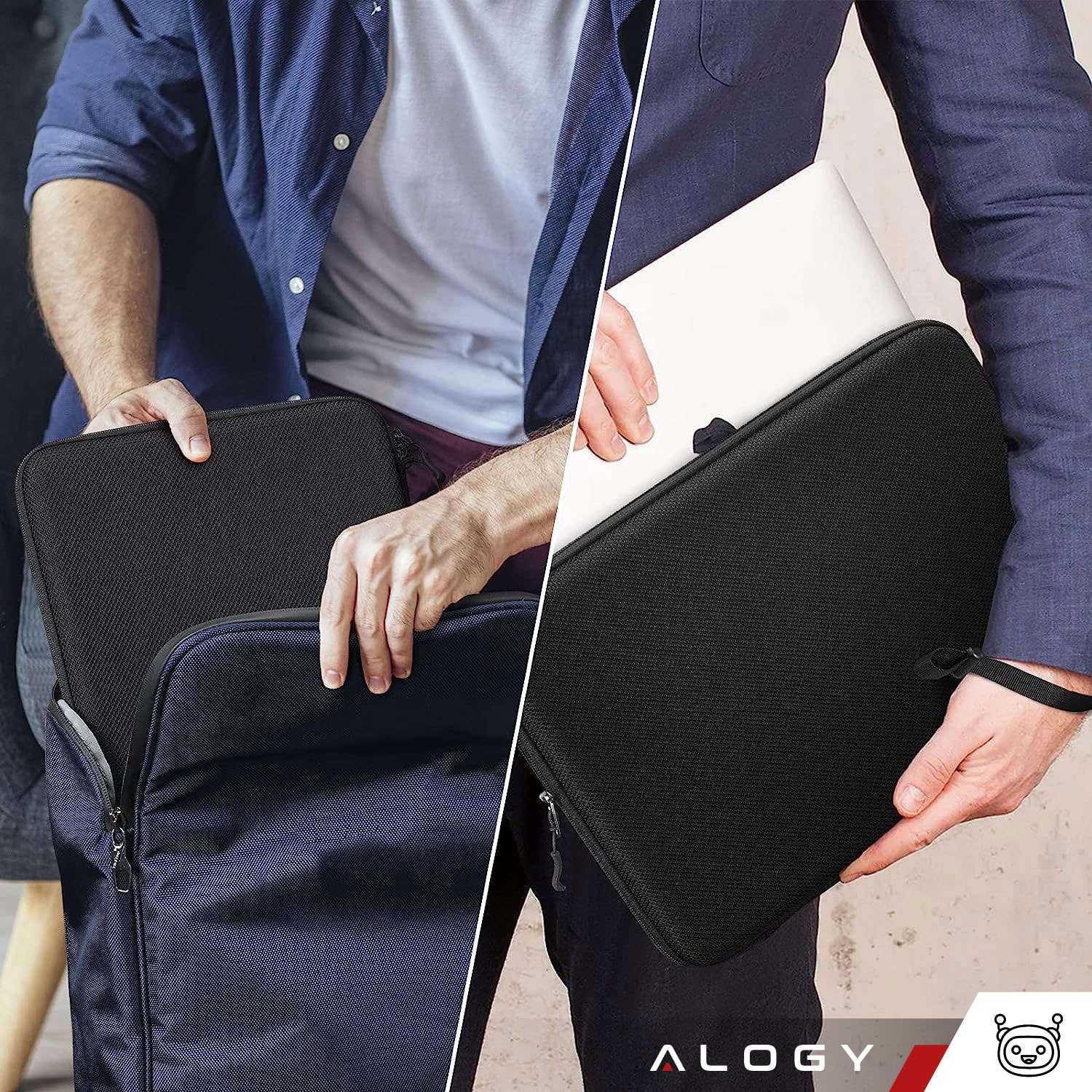 Husa laptop Alogy , 13-14", neagra, material impermeabil, 34,54x24,38x3,56cm, set cu curea de mana