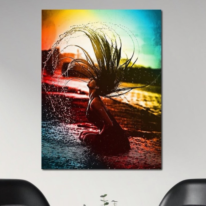 Премиум картина върху платно, LuxCanva® G1085, Неоново лято, 100 X 135 CM, 100% памучно платно 400g/m2, дървена рамка, вода, светлина, плаж, залез, природа, атмосфера, дух, диво, свобода, ваканция, хол, спалня